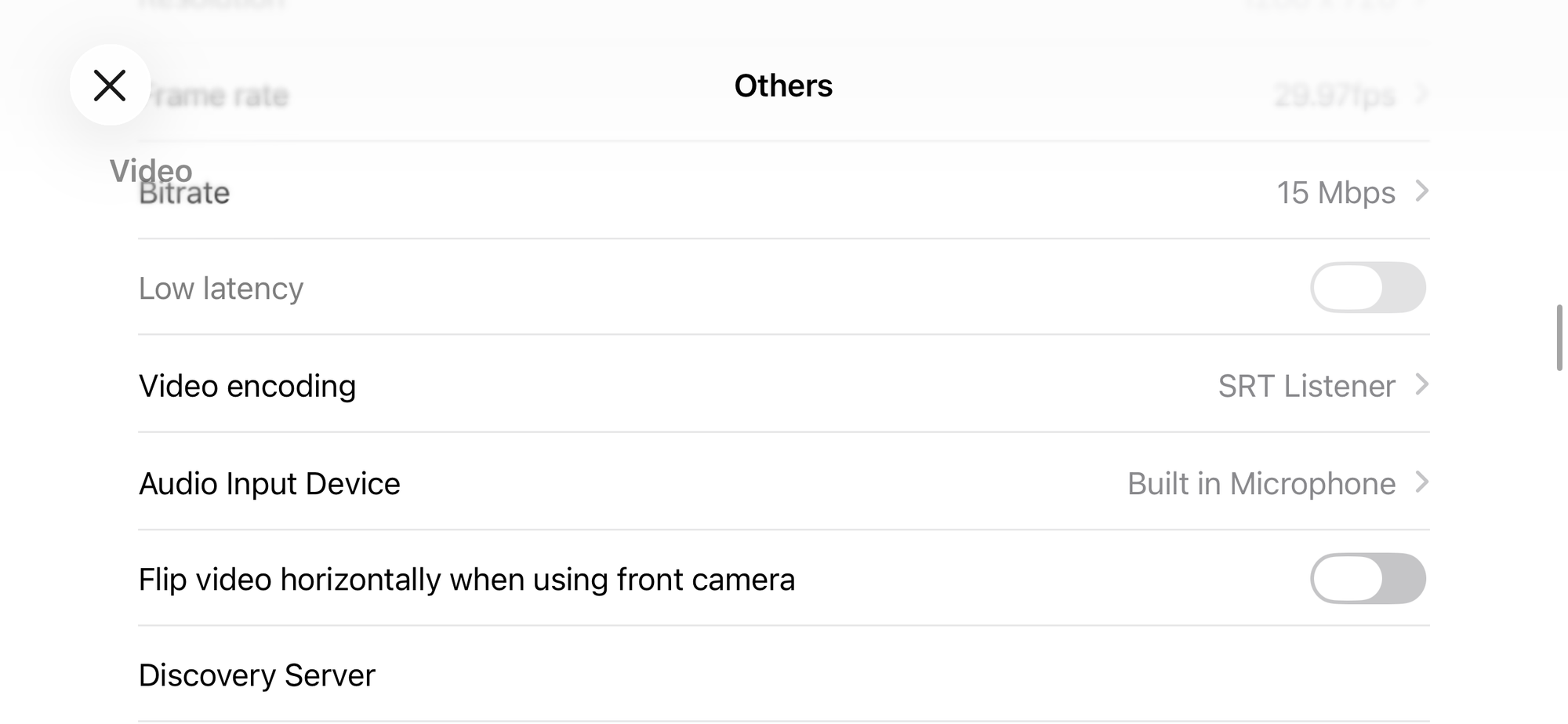OthersのVideo encodingをSRT Listenerにする