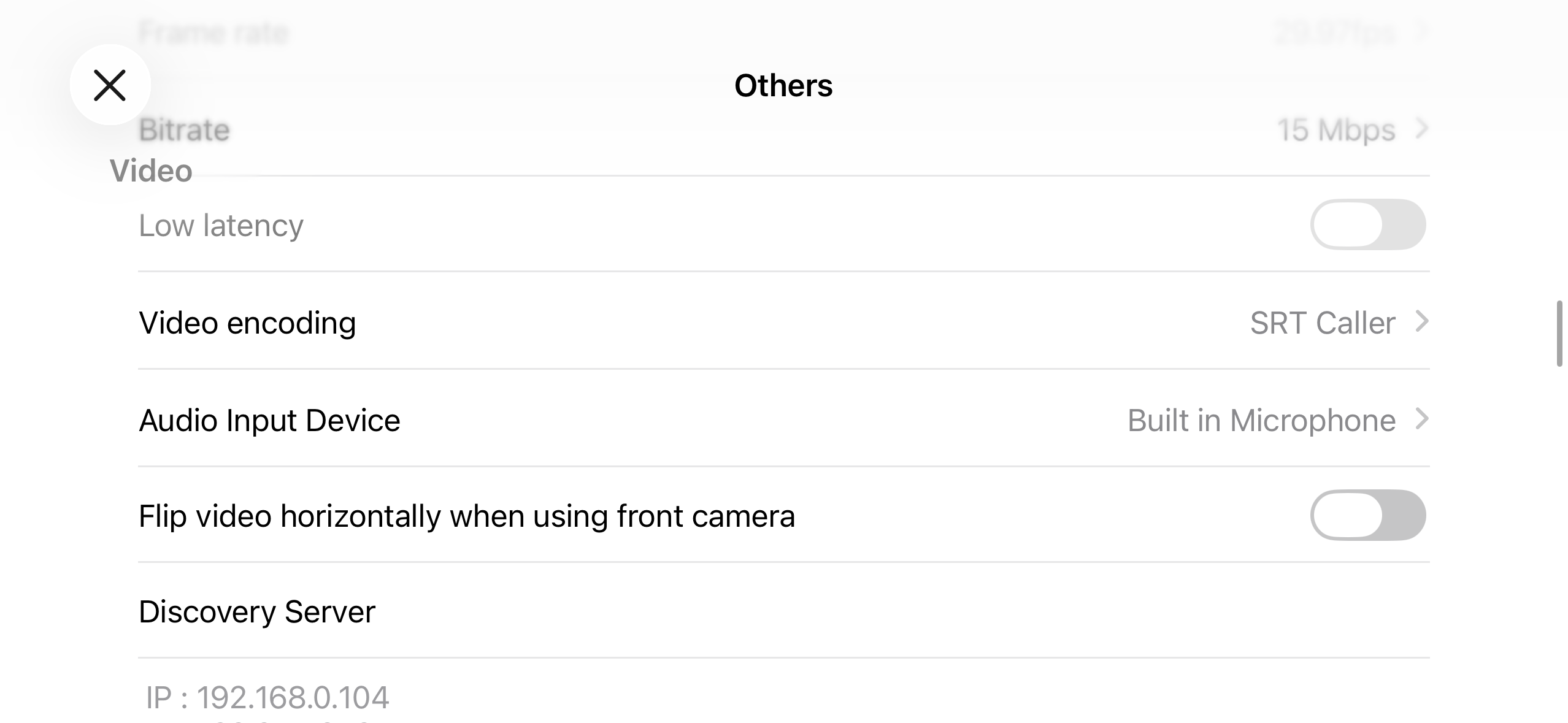 OthersのVideo encodingをSRT Callerにする